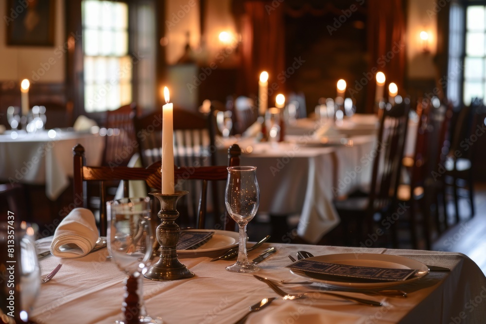 A deserted inn dining hall with polished tables, elegant tableware, and muted candlelight, evoking a sense of past gatherings and shared, Generative AI A deserted inn dining hall with polished tables, elegant tableware, and muted candlelight, evoking a sense of past gatherings and shared, Generative AI