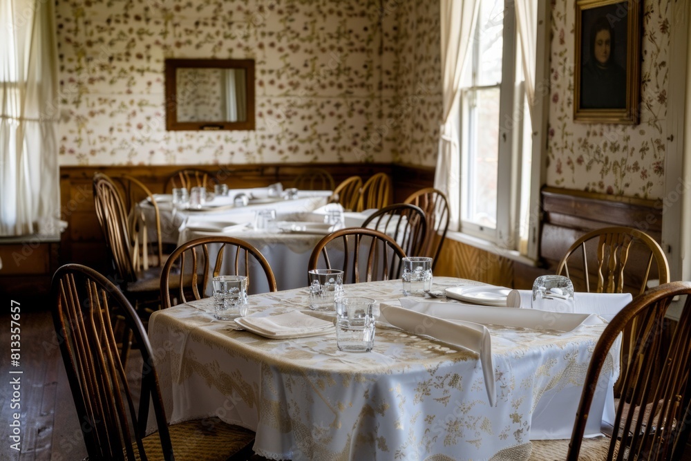 A deserted inn dining room with neatly set tables, faded wallpaper, and a sense of quiet anticipation for the next gathering of guests, Generative AI A deserted inn dining room with neatly set tables, faded wallpaper, and a sense of quiet anticipation for the next gathering of guests, Generative AI