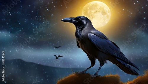 beautiful crow bellow the magic moonlight photo