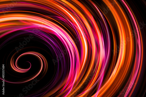 Hypnotic neon swirls in orange and pink on black background. Captivating artwork.
