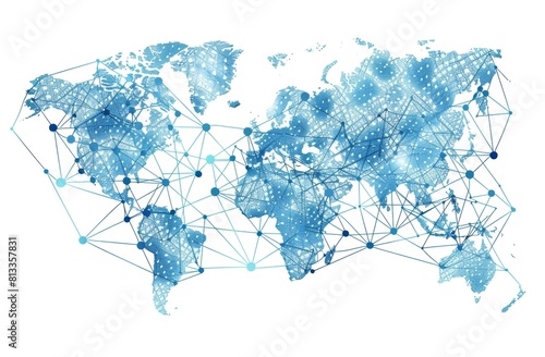 A simple vector graphic of the world map made up from interconnected nodes, representing global connectivity and data flow between countries.