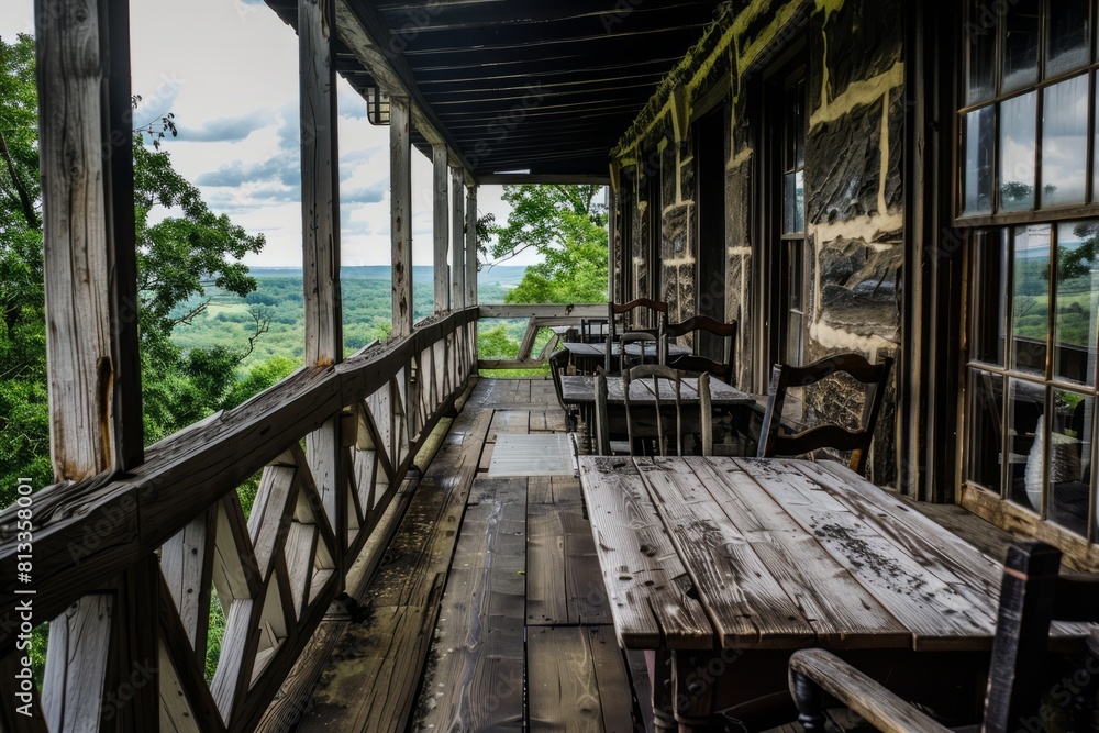 A deserted inn weathered, terrace, wood, outdoor, old, design, floor, wooden, exterior, tables, empty chairs, and a view of the surrounding countryside, offering a quiet place to ponder, Generative AI A deserted inn weathered, terrace, wood, outdoor, old, design, floor, wooden, exterior, tables, empty chairs, and a view of the surrounding countryside, offering a quiet place to ponder, Generative AI