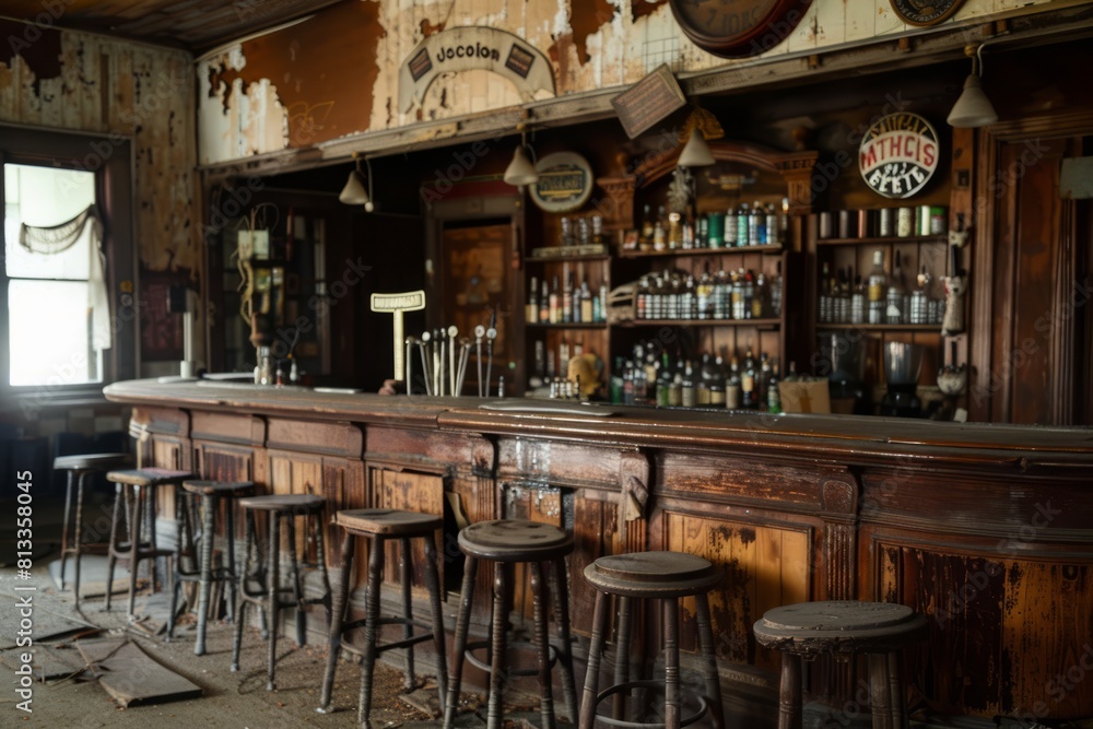 A desolate inn bar with dusty shelves, empty stools, and faded signs, hinting at the lively conversations and laughter that once filled, Generative AI A desolate inn bar with dusty shelves, empty stools, and faded signs, hinting at the lively conversations and laughter that once filled, Generative AI