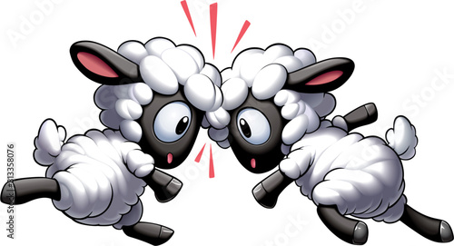 two little white lambs collide with their foreheads