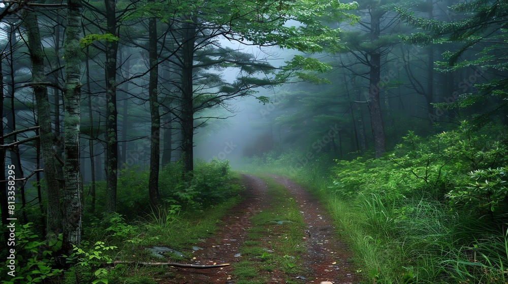 Fototapeta premium Foggy path in the middle of a lush green forest. The path is surrounded by tall trees and dense vegetation.