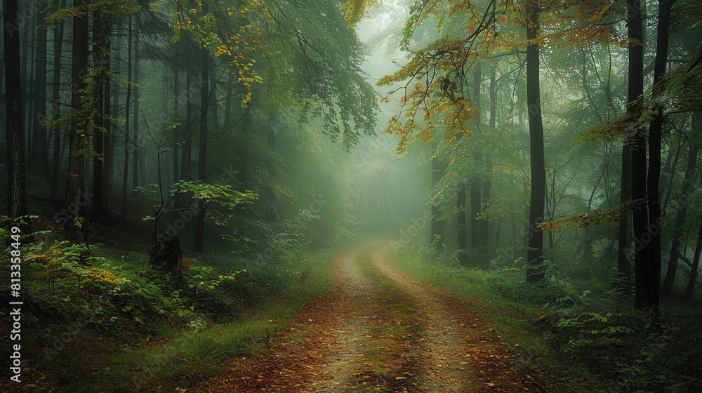 Obraz premium This is a beautiful picture of a foggy forest path. The path is surrounded by tall trees and a thick canopy of leaves.
