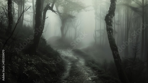 A dark and mysterious forest path, shrouded in mist. The path is surrounded by tall trees and dense vegetation, creating a sense of foreboding. photo
