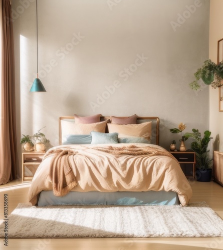Modern Bedroom Interior With Beige Walls, Bed And Nightstand. Interior Mockup In A Light Brown Color