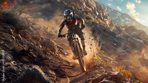 A mountain biker rides down a rocky trail. The rider is wearing a helmet and protective gear. The bike is in mid-air. © Galib