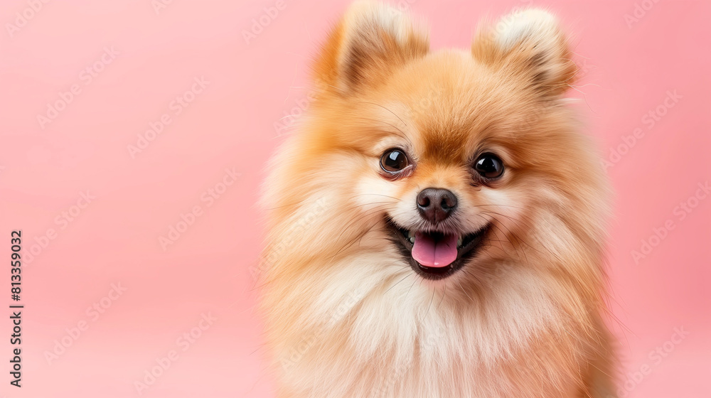 Happy Pomeranian dog isolated on peach color background, portrait photography. Happy Pomeranian dog isolated on peach color background, portrait photography.