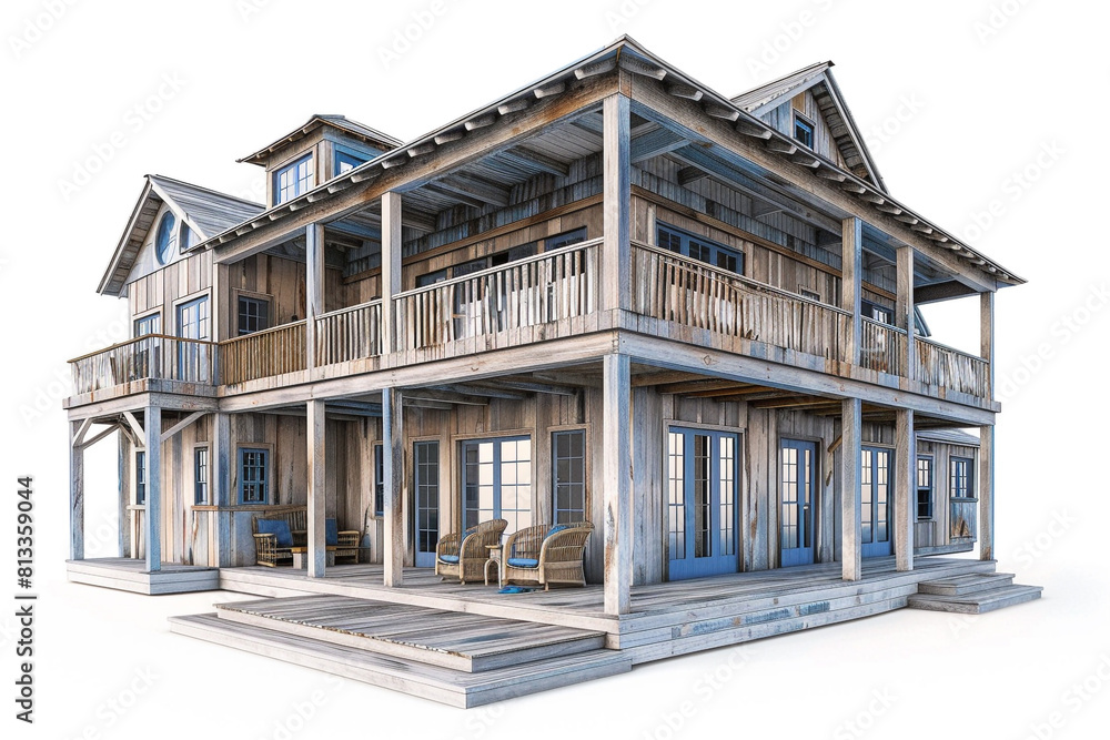 Beach house exterior in 3D with weathered wood siding, wraparound porches, and ocean-inspired blue accents, against a white backdrop.