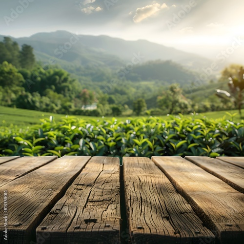 Fresh morning ambiance at tea plantation  empty wooden pedestal providing copy space for product display  with blurred background of tea leaves and sun rays