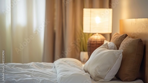 Bedroom interior with pillows and a lamp on the bedside table 