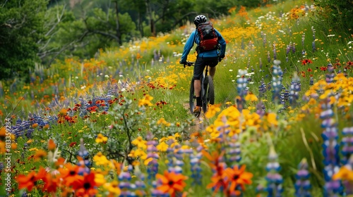 This is an image of a person riding a mountain bike through a field of colorful wildflowers. The rider is wearing a helmet and a backpack. photo
