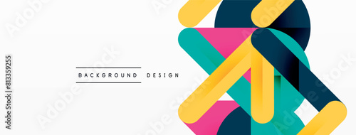 An artful composition of geometric shapes like rectangles, triangles, and circles in magenta and electric blue hues, forming a vibrant pattern on a white background