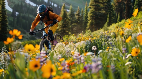 A mountain biker rides through a field of wildflowers. The rider is wearing a helmet and protective gear. The bike is black and has full suspension. photo