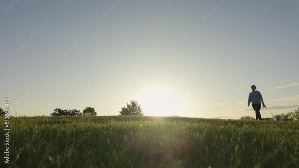 Woman walking the dog in the park. travel concept. Wide shot Woman walking the dog in the park. travel concept. Wide shot