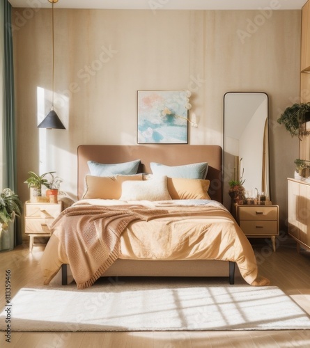 Modern Bedroom Interior With Beige Walls  Bed And Nightstand. Interior Mockup In A Light Brown Color