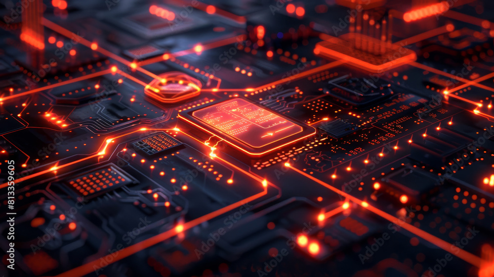 A computer chip with a red glow A computer chip with a red glow