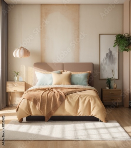 Modern Bedroom Interior With Beige Walls, Bed And Nightstand. Interior Mockup In A Light Brown Color