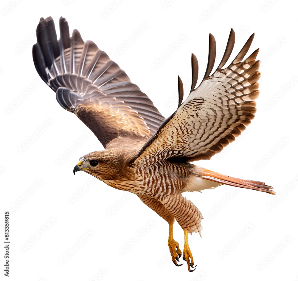 Powerful hawk soars with wings fully spread, isolated against a white background Powerful hawk soars with wings fully spread, isolated against a white background