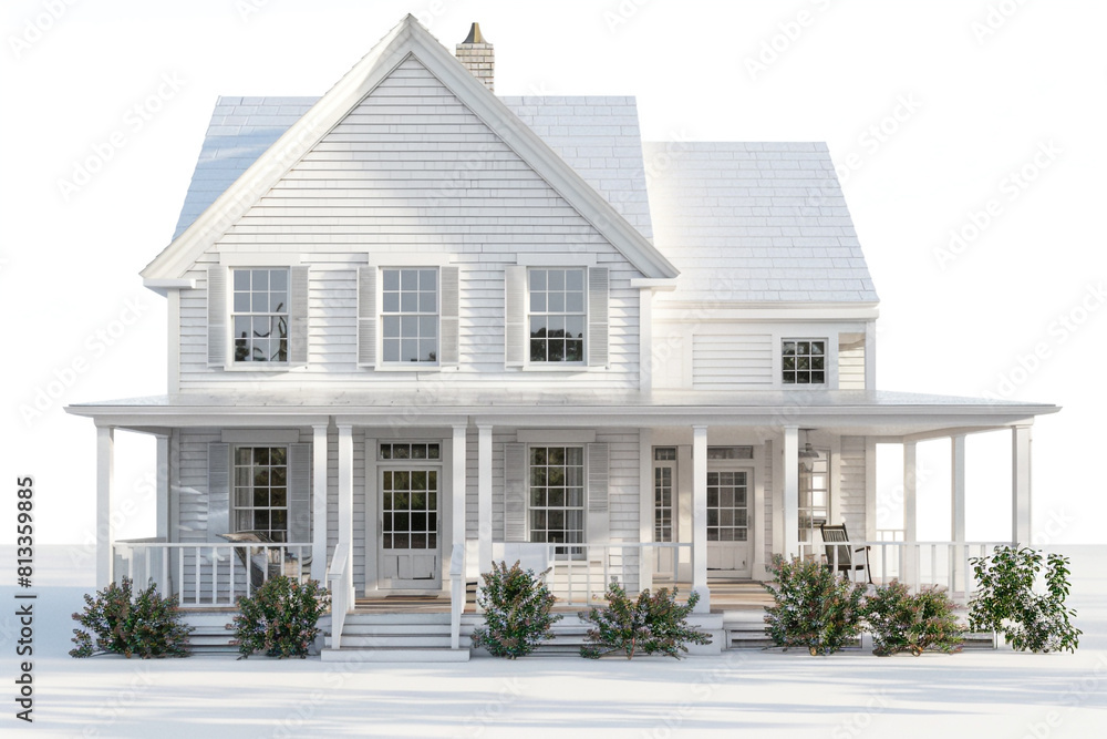 Colonial farmhouse exterior in 3D, featuring white clapboard siding, traditional shutters, and a covered front porch, set against a white background.
