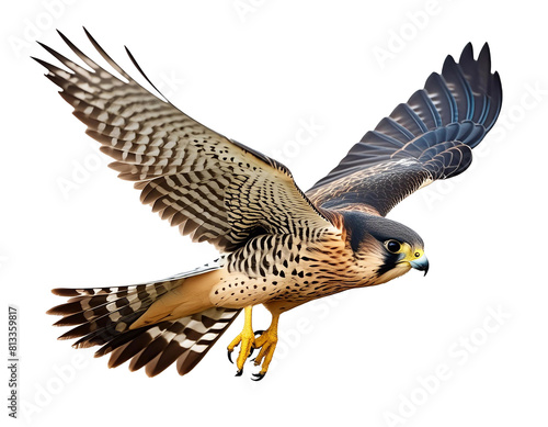 Dynamic image of a peregrine falcon in flight  isolated against a white background