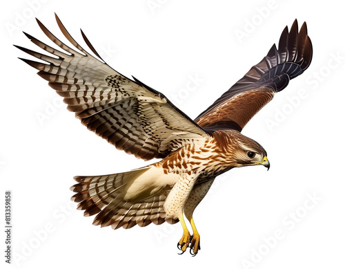Lifelike illustration of a red-tailed hawk soaring with wings spread wide  isolated on a white background