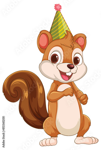 Cartoon squirrel in a festive party hat smiling