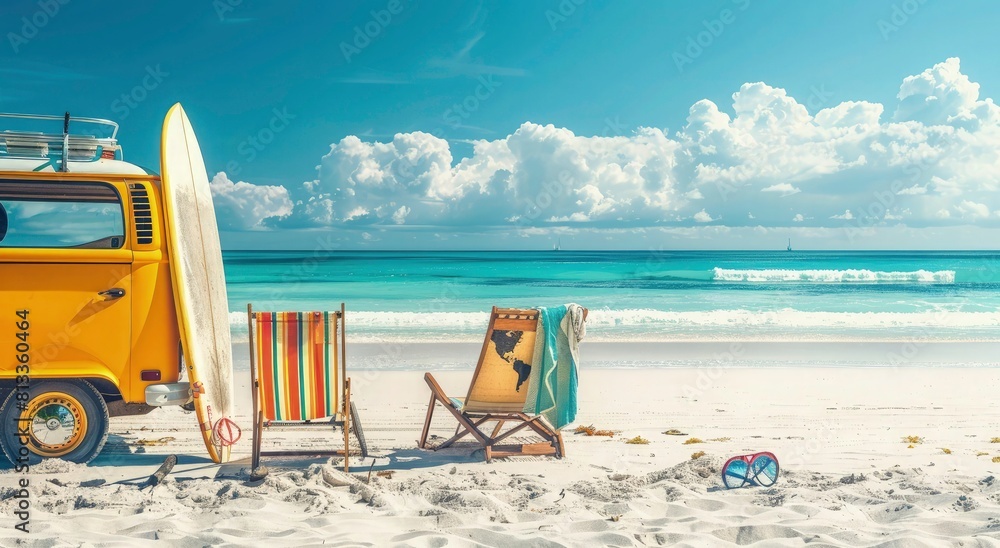 summer beach background with camper van, deck chair and surfboard. summer travel concept summer beach background with camper van, deck chair and surfboard. summer travel concept