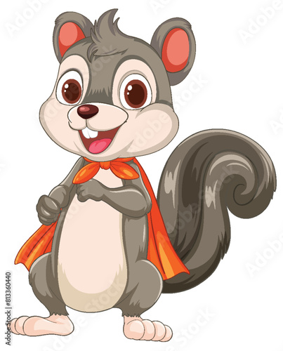 Cartoon squirrel wearing a bright orange cape