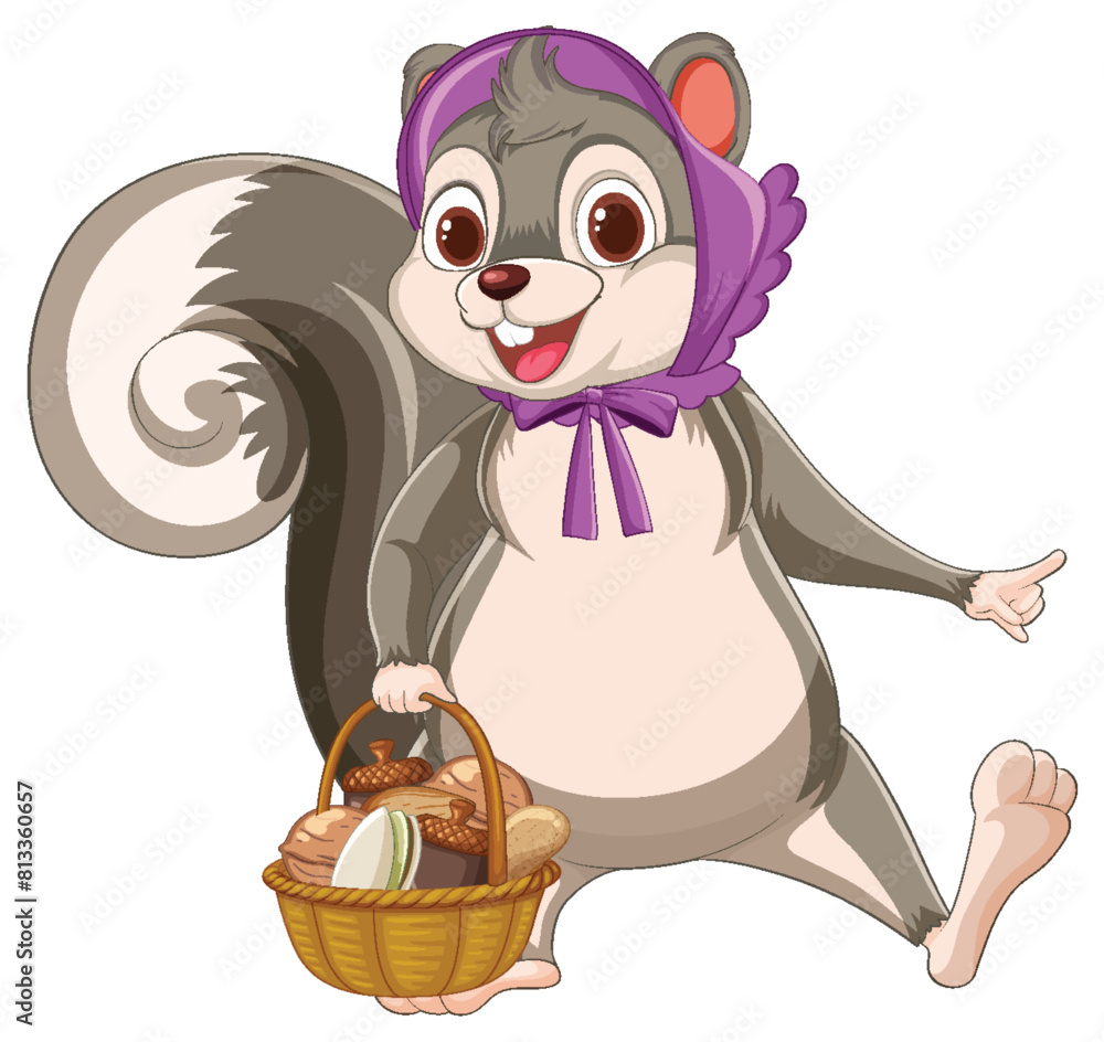 Fototapeta premium Cartoon squirrel holding a basket of food