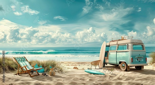 summer beach background with camper van, deck chair and surfboard. summer travel concept © Divine123victory