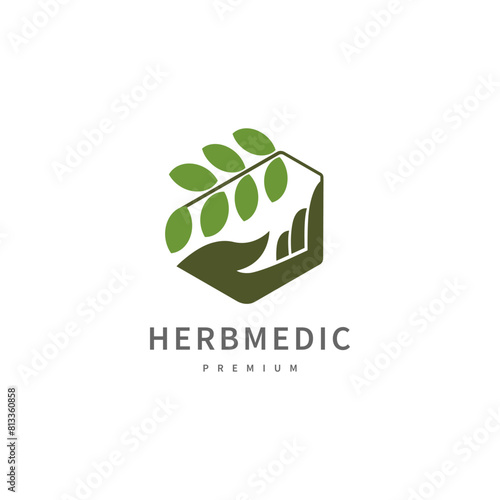 Natural skincare logo design with hand, branch and leaf vector illustration