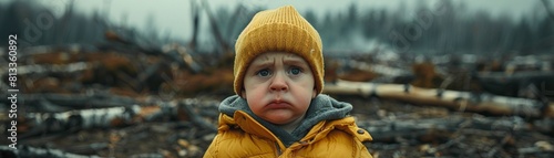 The sorrowful expression of a crying baby, set against a background of deforestation and clearcutting, depicting the loss of biodiversity and habitat due to climate change 8K , high-resolution, ultra 