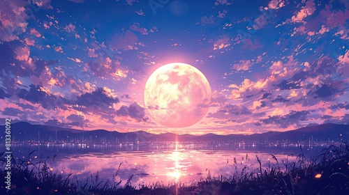 Night sky, purple and red clouds, distant view of the Earth below with lights glowing in cities, an orange moon hangs high above it, fantasy style, fantasy realism, light magenta and bronze colors, my