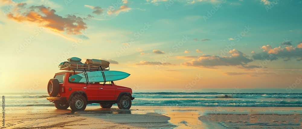 A family car loaded up with all the essentials for a summer road trip, including a surfboard and beach gear, promising adventure and relaxation ahead 8K , high-resolution, ultra HD,up32K HD