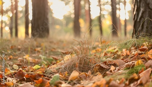 autumn leaves in the park, A close-up perspective of the earthy textures of grass dry pine needles and fallen leaves carpeting the forest floor natural backdrop. photo