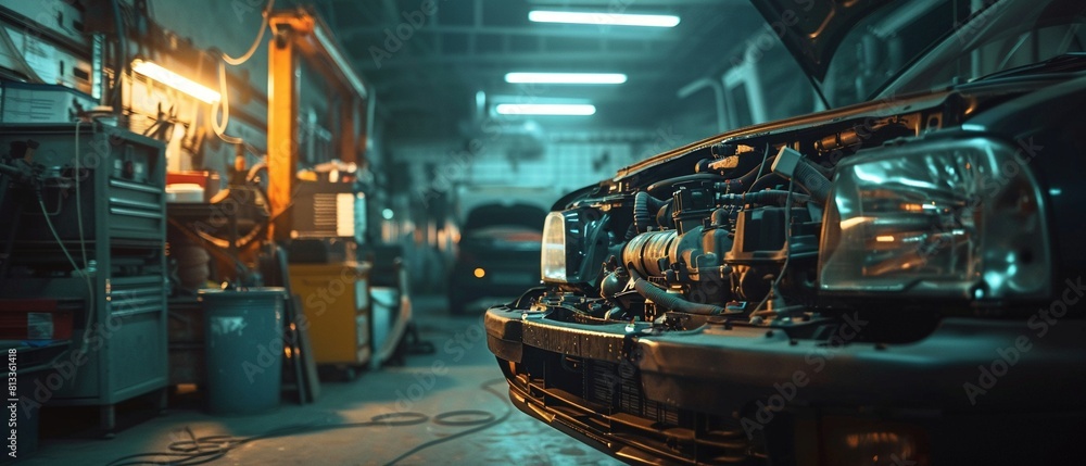 A skilled auto mechanic is hard at work under the hood, surrounded by a workshop brimming with tools and parts, committed to achieving peak vehicle performance 8K , high-resolution, ultra HD,up32K HD A skilled auto mechanic is hard at work under the hood, surrounded by a workshop brimming with tools and parts, committed to achieving peak vehicle performance 8K , high-resolution, ultra HD,up32K HD
