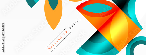 An artful display of colorful geometric shapes such as triangles, rectangles, and circles in vibrant shades like orange and electric blue, creating a symmetrical pattern on a white background