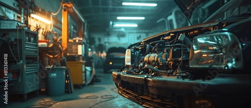 A skilled auto mechanic is hard at work under the hood, surrounded by a workshop brimming with tools and parts, committed to achieving peak vehicle performance 8K , high-resolution, ultra HD,up32K HD photo
