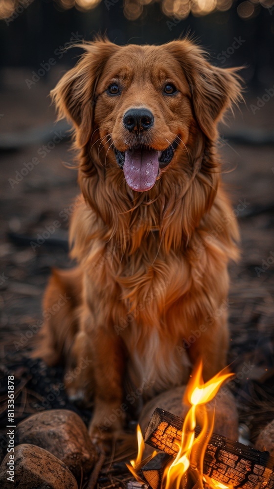 Obraz premium Relaxing Summer Evening by the Campfire with a Majestic Brown Dog. Pet-Friendly Camping Site for an Unforgettable Experience.