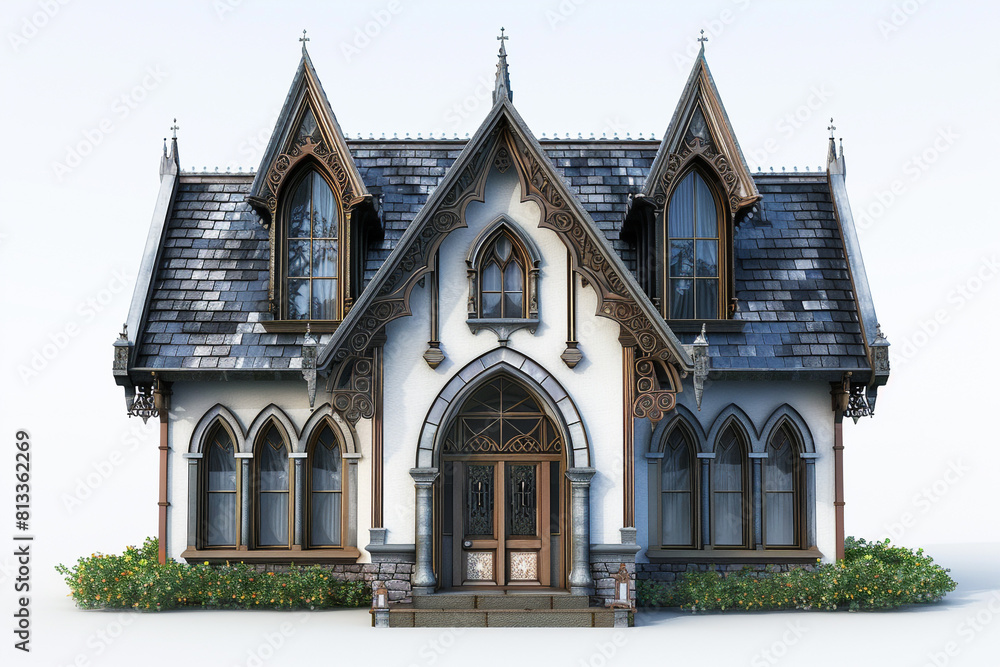 Gothic revival house exterior with pointed arch windows, ornate trims, and dark slate roofing, presented in 3D on a white backdrop.