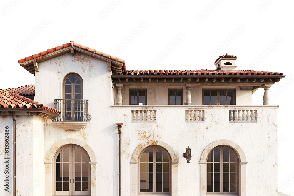 Mediterranean style villa exterior in 3D, featuring stucco walls, clay tile roofs, and arched doorways, against a white background.