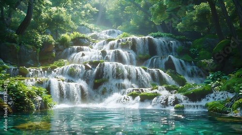 Surrender to the sublime beauty of a cascading waterfall  where crystal-clear waters tumble over moss-covered rocks  creating a symphony of sound and motion.