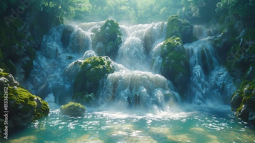 Surrender to the sublime beauty of a cascading waterfall, where crystal-clear waters tumble over moss-covered rocks, creating a symphony of sound and motion. photo