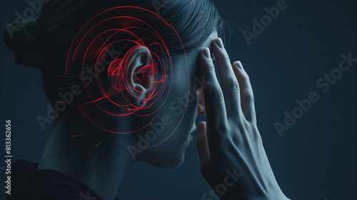 Woman with hand on head, showing ear pain. Concept: Earache.
