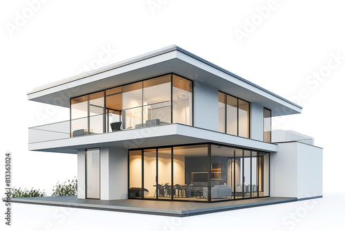 Modern minimalist home exterior with sleek lines, flat roofs, and large glass windows, rendered in 3D against a white background.
