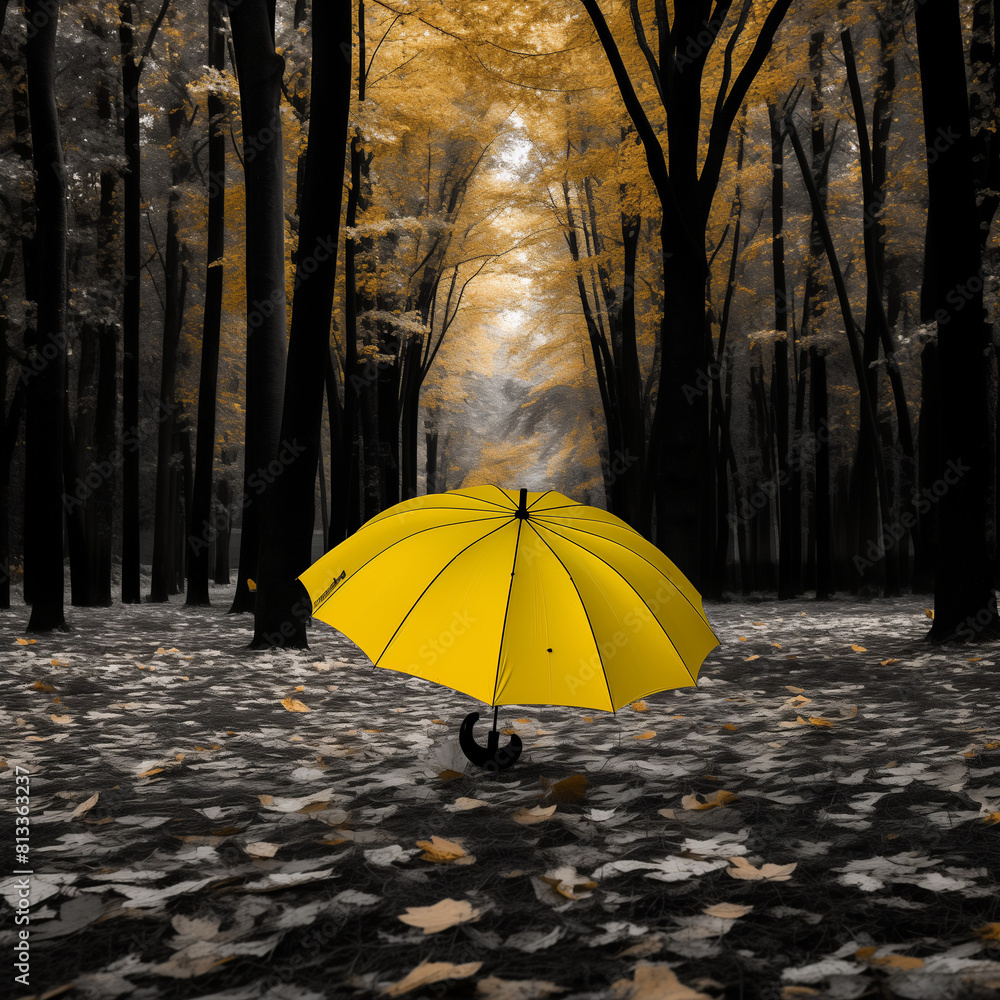 Yellow umbrella in dark autumn woodland 