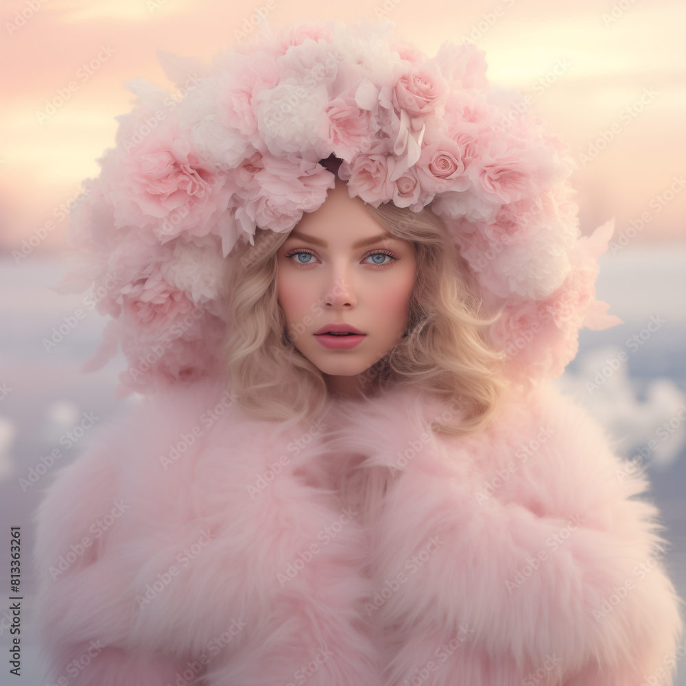 Cold weather surreal background. Portrait of beautiful young woman in fluffy pink coat and flowers on head in front of  lake 